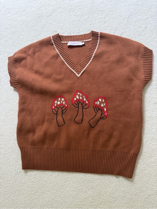 Lisa Says Gah Sweaters - Lisa Says Gah Fangio Sweater Vest Brown Mushroom Graphic V-Neck Cap Sleeve M/L